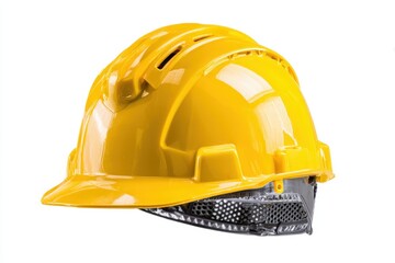 Fototapeta premium Bright yellow hard hat for construction safety worn at building site during daytime worker activity
