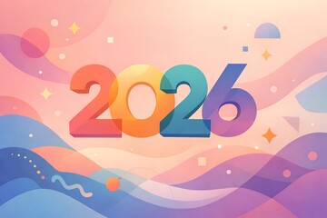 2026 New Year Celebration with Colorful Waves and Stars