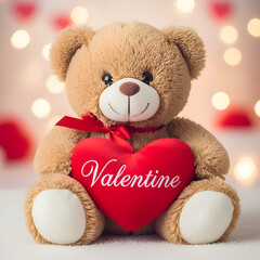 Valentine Teddy Bear with Red Heart  Bokeh Lights