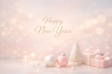 Soft Focus Happy New Year with Christmas Ornaments and Gifts