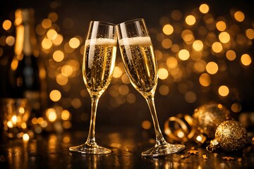 Two champagne flutes clinking with golden bokeh background