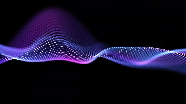 Looped abstract particle flow background with elegant waves, bright blue and pink purple glow effect. Digital waveform screensaver with futuristic neon lines and soft shine. Seamless vj loop 4K 60fps