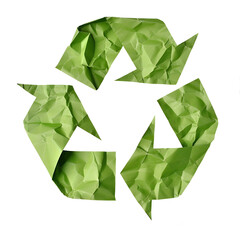 Green Recycling Symbol Made of Crumpled Paper Arrows Isolated on Transparent Background