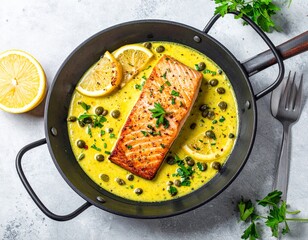 Saftig gebratenes Lachsfilet, serviert in einer Pfanne mit klassischer Zitronen-Kapern-Sauce (Salmon Piccata).