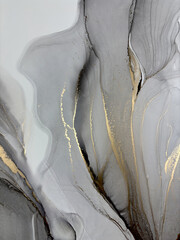 Abstract grey background with gold &mdash; black and white fluid art texture made with alcohol ink and golden potal. Beautiful gray natural art backdrop resembles marble, wing, aquarelle, water, splash.