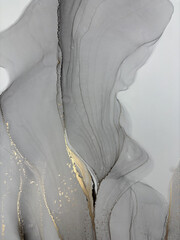 Abstract grey background with gold &mdash; black and white fluid art texture made with alcohol ink and golden potal. Beautiful gray natural art backdrop resembles marble, wing, aquarelle, water, splash.