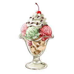 Ice cream sundae in a glass dish with whipped cream and cherry on top