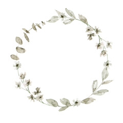 Obraz premium Minimalistic hand drawn wreath illustration with off white small flowers, light green leaves and buds and eucalyptus leaves. Ideal for invitation suite, stationary, gift box label, or branding.