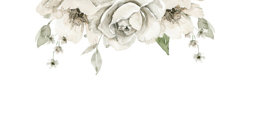 Hand drawn floral illustration of a decorative top border frame with off white peonies, green leaves and small buds. Ideal for invitation card, greeting design, packaging or branding header element.