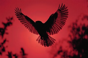 Fototapeta premium Bird silhouette flying against red sky background.