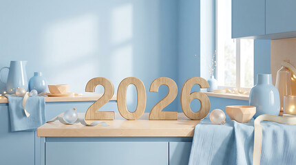 A serene kitchen scene with wooden 2026 numerals on a light wooden countertop surrounded by blue kitchenware and soft natural light
