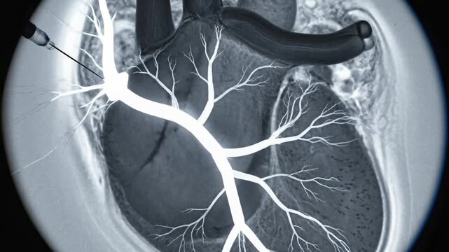 Medical Scan Showing Cardiac Catheterization Procedure, Heart Angiogram