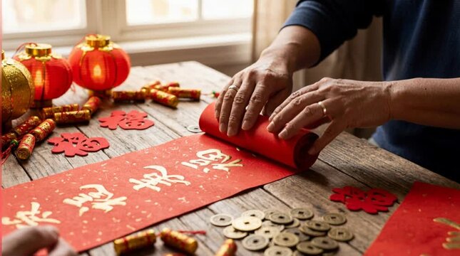 Man rolling a calligraphy scroll (chunlian) for Chinese New Year