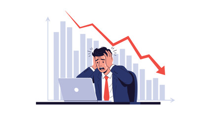 Stressed businessman in a suit holds his head in panic looking at a falling red arrow on a chart indicating financial crisis.