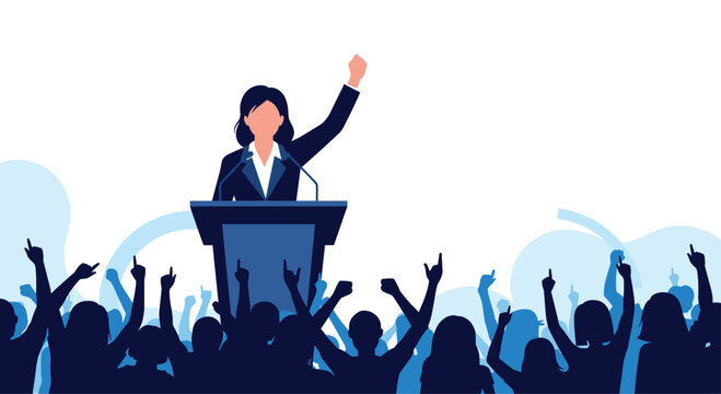 Female politician or leader giving a powerful speech at a podium to a large and supportive crowd of people.