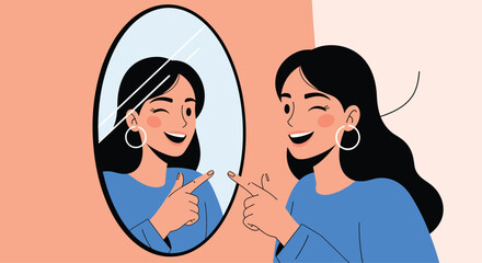 Fototapeta premium A happy and confident woman winks at her reflection in the mirror expressing positive self-love self-esteem and acceptance.