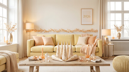 A serene living room scene with soft lighting, comfortable furniture, and decorative elements in a warm, inviting atmosphere viewed from a cozy perspective.