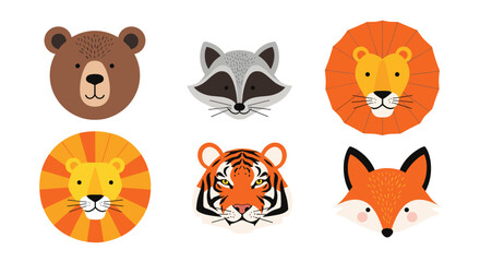 Fototapeta premium A set of six cute cartoon animal faces including a bear raccoon two lions a tiger and a fox isolated on a white background.