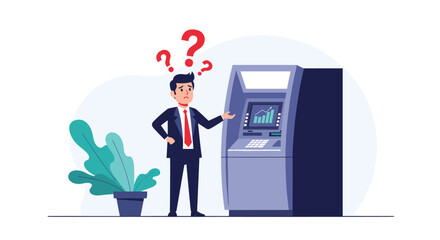 A confused businessman stands in front of a broken or out of service ATM machine with question marks above his head illustration.