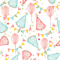Hand painted watercolor birthday party seamless pattern with balloons, hats, and colorful flags. Festive illustration for kids birthday party, celebration design, wrapping paper, textile and backgroun