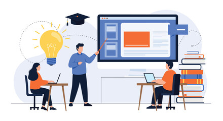 Fototapeta premium Teacher conducting an online class with students on laptops in a modern virtual classroom for e-learning and distance education.