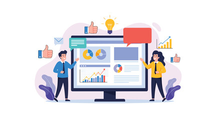 Business team analyzing a marketing dashboard on a computer screen with data charts for social media engagement and strategy.
