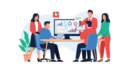 Fototapeta premium Professional business team in a meeting analyzing data on a dashboard and collaborating on a project strategy in the office.