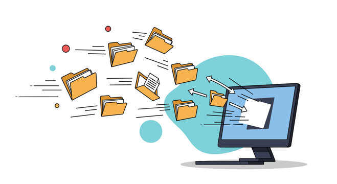Concept of digital file transfer and data sharing with folders and documents flying into a computer screen over a network connection.