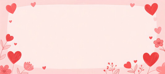 Soft Pink Romantic Valentine Background with Hand Drawn Hearts and Flowers