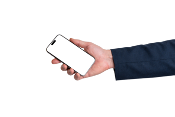 Hand holding smartphone with blank screen isolated, transparent, perfect for mobile apps, digital wallets, fintech interfaces, and payment mockups