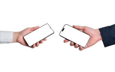 Hands holding two smartphones with blank displays facing each other, transparent, symbolizing mobile interaction, user verification, and peer to peer digital exchange