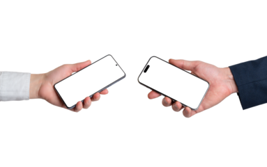 Hands holding two smartphones with blank displays facing each other, transparent, symbolizing mobile interaction, user verification, and peer to peer digital exchange