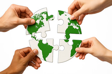 Multiple hands assembling puzzle showing green sustainable world map symbolizing unity and cooperation