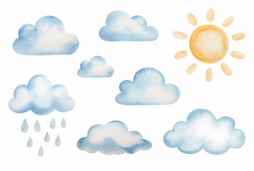 Dreamy sky nursery watercolor clouds and sunshine elements for kids birthday.