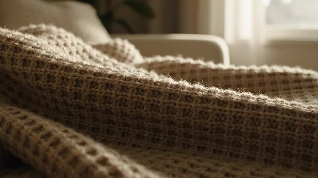 Cozy knit blanket on a sofa inviting mth and relaxation