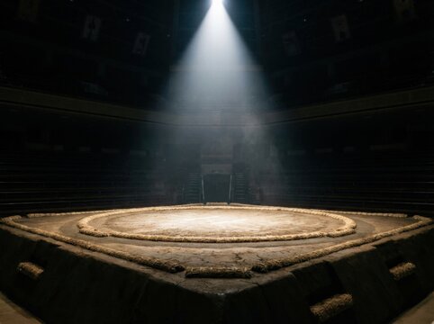 dohyo stands at the center of a sumo wrestling arena illuminated by a single ray of light from above. Shadows fill the space enhancing the focus on the ring.