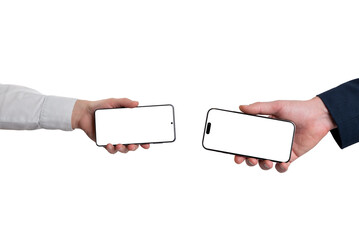 Two smartphones held apart with blank screens, transparent, ideal for concepts of digital communication, mobile platforms, and user interaction design