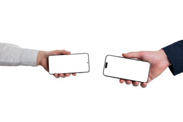 Two smartphones held apart with blank screens, transparent, ideal for concepts of digital communication, mobile platforms, and user interaction design