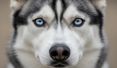 Fototapeta premium Siberian husky stares with striking blue eyes in a soft outdoor setting during late afternoon