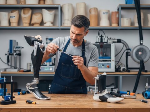 Prosthetist carefully assembling a modern prosthetic leg with a screwdriver in a workshop