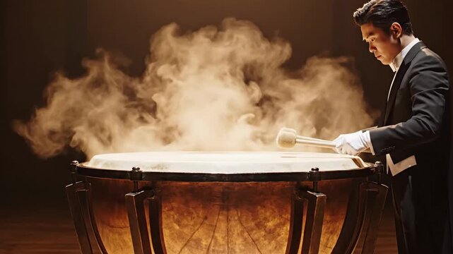 Concert Timpanist in Black Tuxedo and White Gloves Plays Large Drum with Mallets Creating Smoke Effect Under Dramatic Warm Spotlight on Dark Stage
