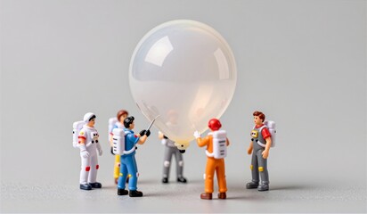 Tiny astronauts gather around a glowing bubble in a whimsical scene of space exploration
