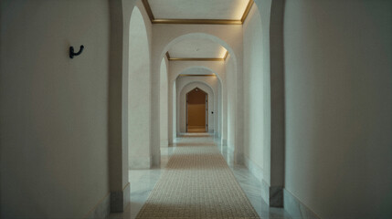 A long hallway with arched doorways, white walls, and a patterned carpet leading to a wooden door at the end.
