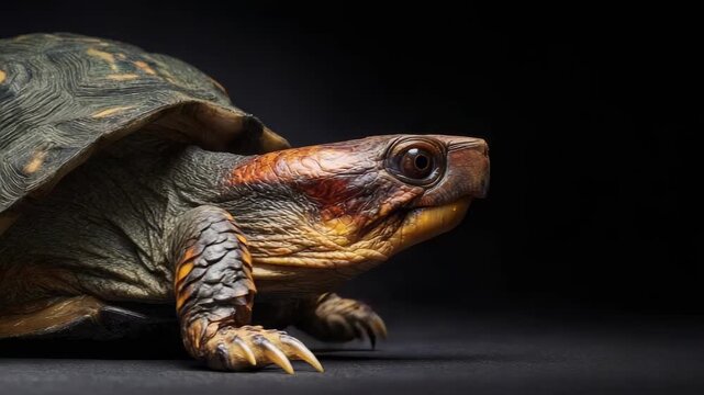 A tortoise with a dark, intricately patterned shell and orange markings on its face, resting on a black surface.