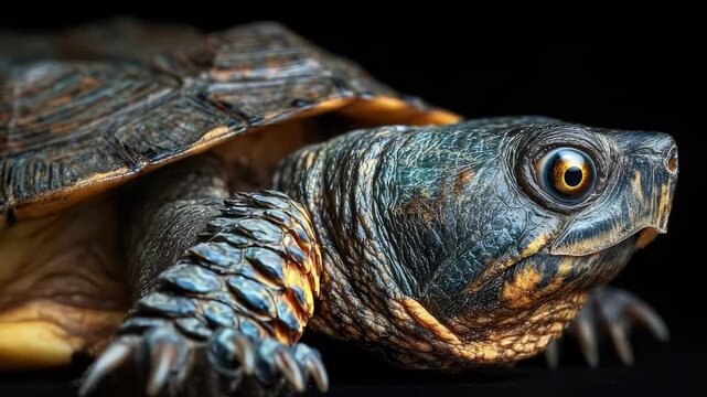 Close-up of a dark turtle with a rugged shell and a bright yellow eye.