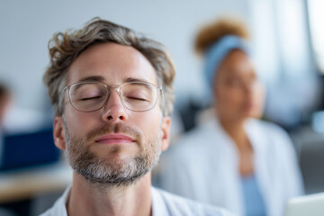Obraz premium A man wearing glasses is sitting at a desk with his eyes closed