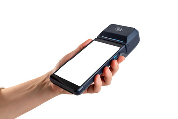 Handheld smart POS terminal with blank display, transparent isolated, designed for mobile payments, wireless transactions, and customizable fintech or retail user interfaces
