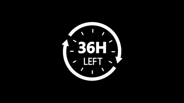 Indicating 36 Hours Left on Dark Background. Countdown clock timer white circle and arrows icon animation.