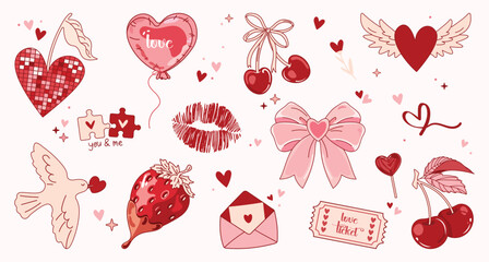 Set of cartoon cute pink and red stickers for Valentine's Day. Girly patches with bows, romantic elements, love envelope, hearts, love, gifts. Vector shapes set in retro doodle groovy vintage style.