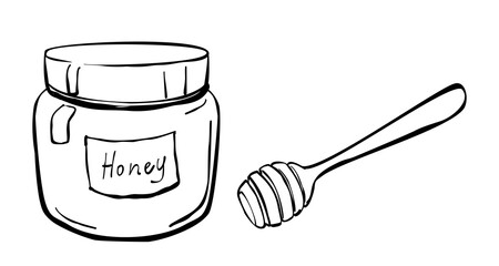 Hand drawn honey jar with lid and wooden honey dipper minimal black line art sweetener food icon isolated on white